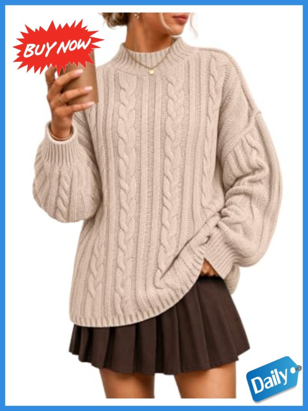 Women's Oversized Mock Neck Cable Knit Sweater Drop Shoulder Pullover
